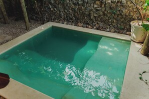 A rectangular pool with clear water, surrounded by a stone wall and a potted plant. - Aloha Village Hotel (Amontada)