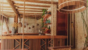 Un rústico mostrador de madera con columpios de cuerda, una lámpara colgante y estantes con botellas y plantas.