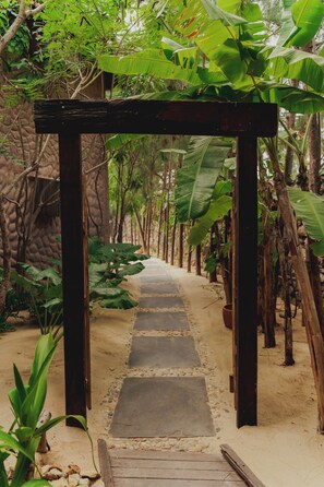 A wooden pathway leading through a garden with banana plants and a stone wall. - Aloha Village Hotel (Amontada)