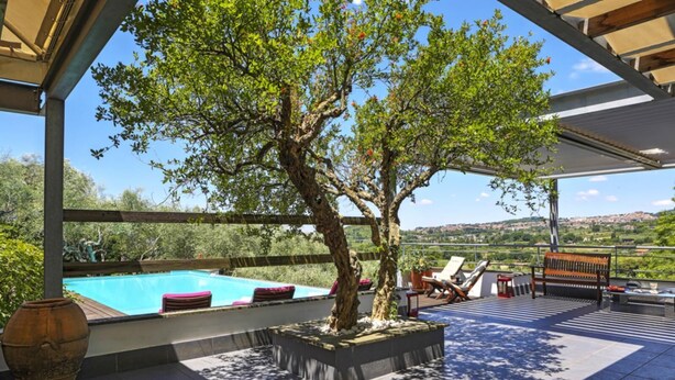 A rooftop pool area with a tree, lounge chairs, and a view of the landscape.