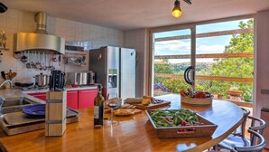 A modern kitchen with a large island, stainless steel appliances, and a view of a lush garden.