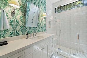 Hair dryer, towels, soap, toilet paper