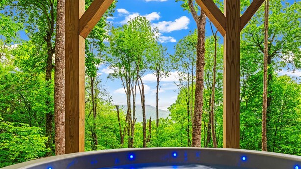 Un jacuzzi con vistas a un bosque y montañas.