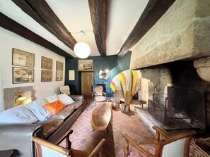 TV, fireplace, books