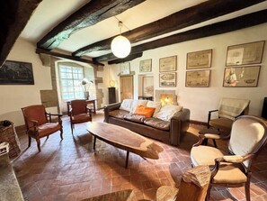 TV, fireplace, books