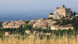 Un pueblo histórico con un castillo destacado en una colina, rodeado de edificios tradicionales y vistas al campo.