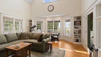 Smart TV, fireplace, books, computer monitors