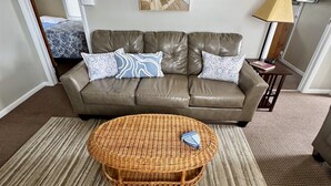 Ein Wohnzimmer mit einem braunen Ledersofa, gemusterten Kissen, einem Korbtisch und einem Teppich mit Streifenmuster.