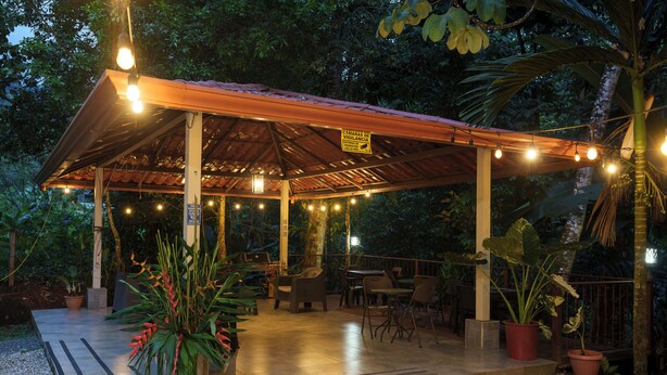 A covered outdoor seating area with tables and chairs, surrounded by potted plants and trees. - Ukinca Hostel (Bahía Ballena)