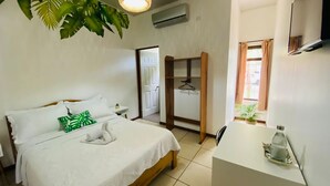 A hotel room with a bed, a desk, a hanging plant, and a window with curtains. - Ukinca Hostel (Bahía Ballena)