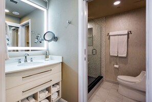 Hair dryer, towels, soap, shampoo