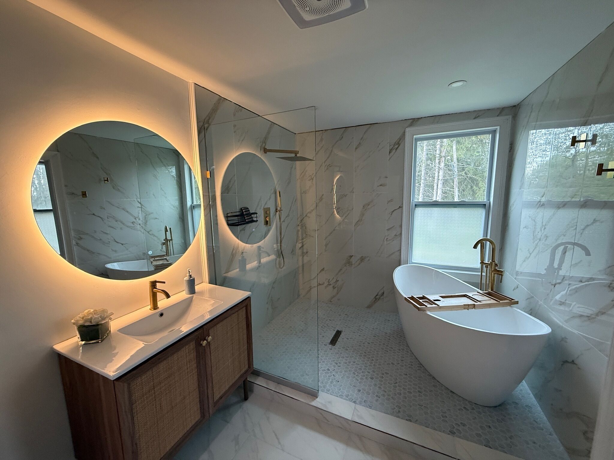Shower, towels, soap, toilet paper