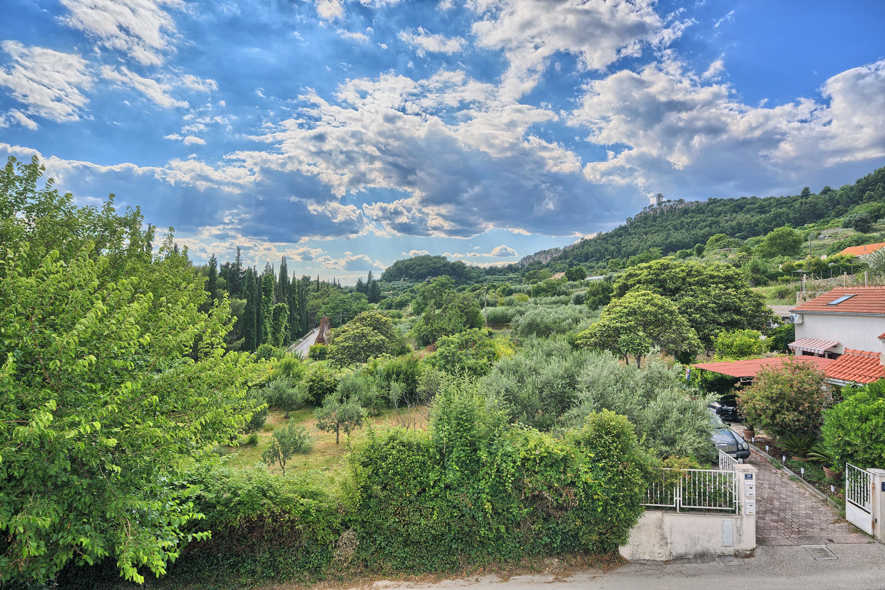 A lush green landscape with a clear sky, a paved path, and a building with a red roof.