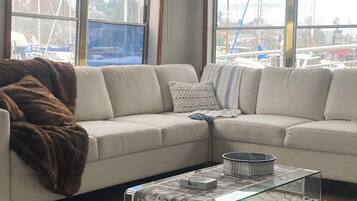 TV connectée, cheminée, livres, écrans d'ordinateur