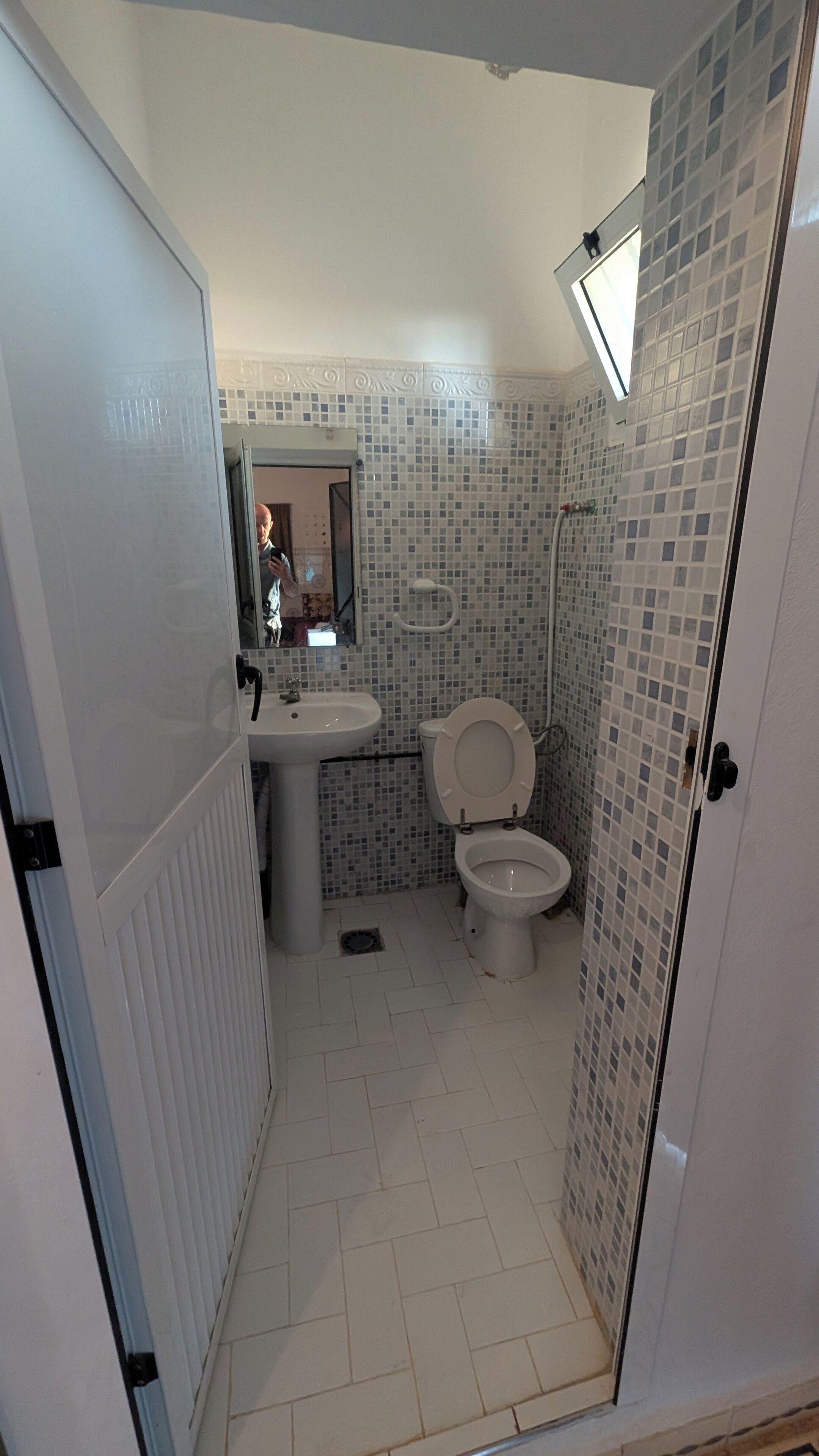 A bathroom with a toilet, sink, and shower.