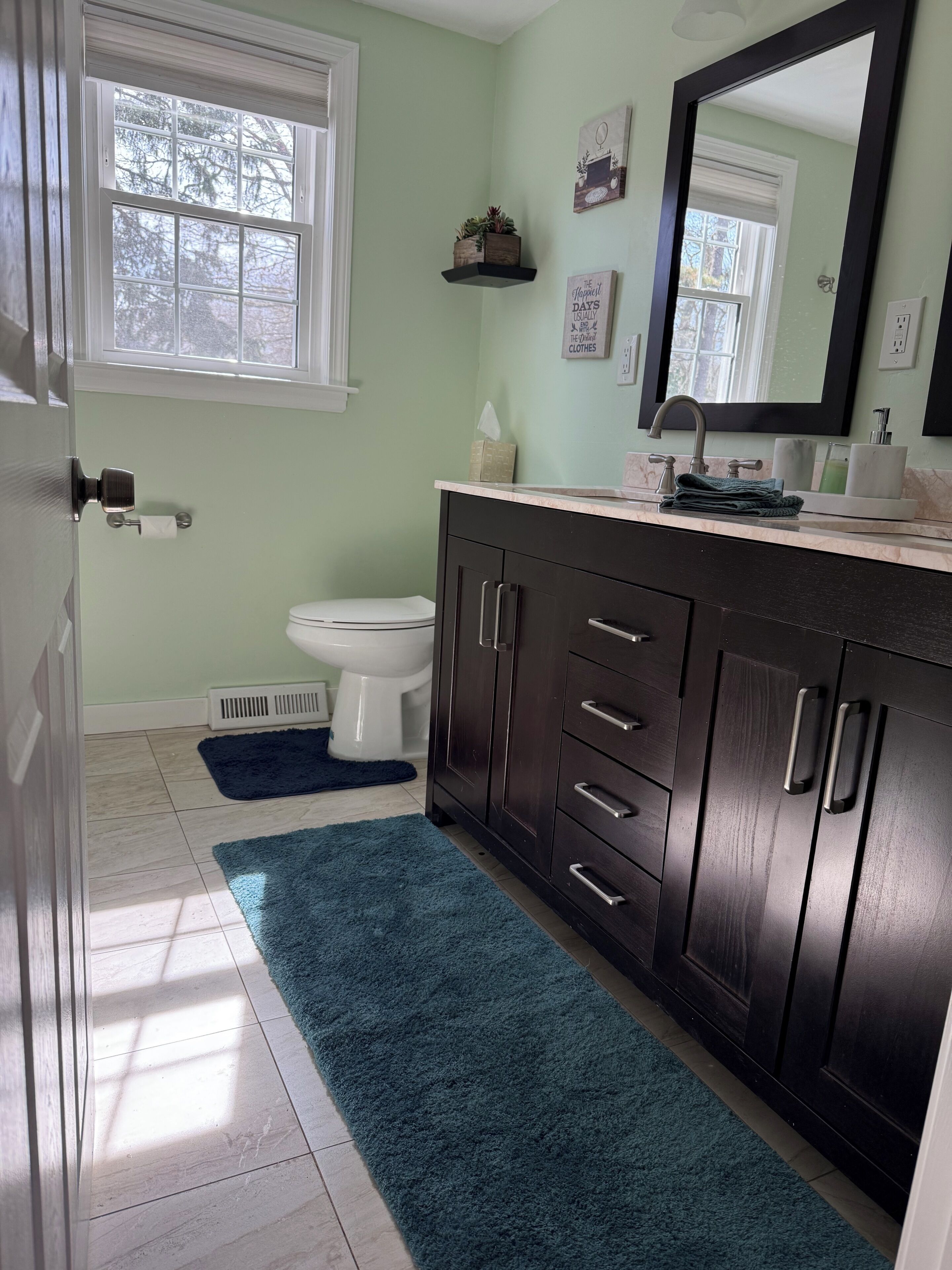 Une salle de bain avec un meuble-lavabo en bois foncé, des toilettes blanches, un tapis bleu et une fenêtre donnant sur des arbres.