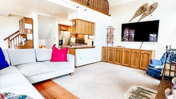 Smart TV, fireplace, books