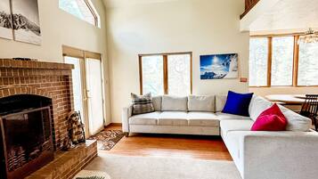 Smart TV, fireplace, books