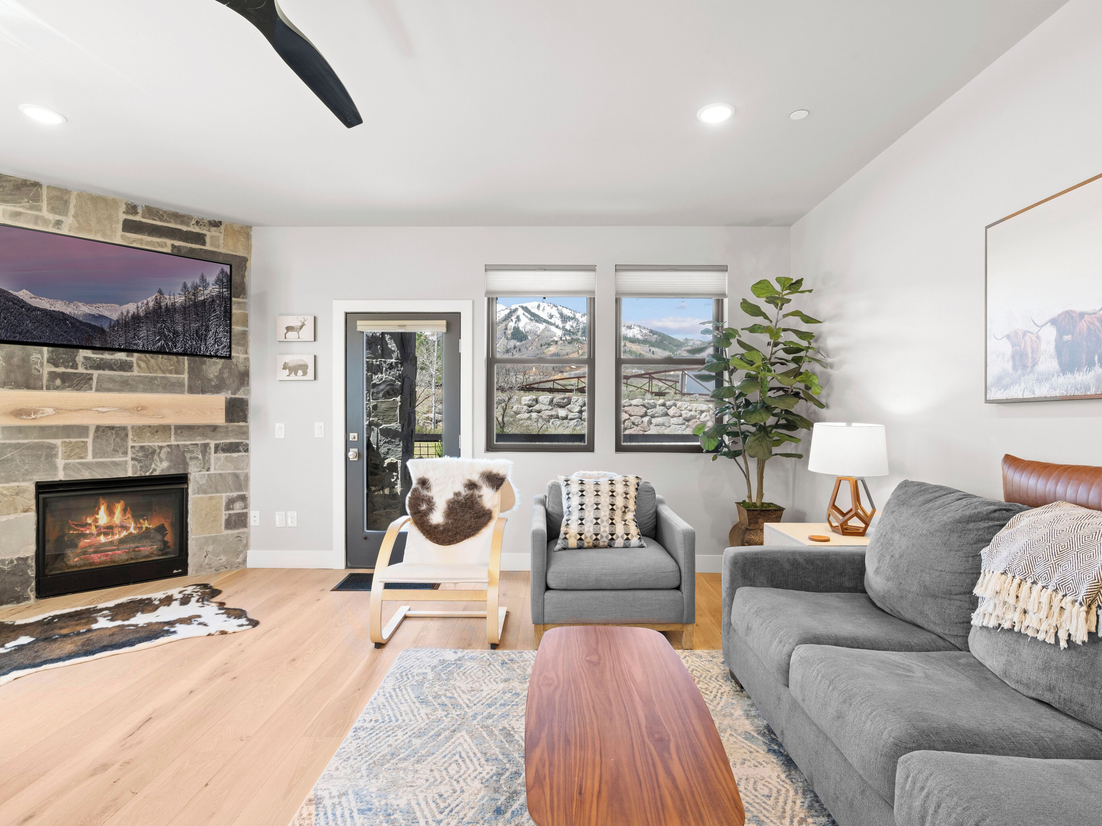 Smart TV, fireplace, ping pong