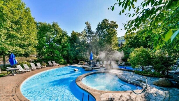 A swimming pool with a hot tub, surrounded by lounge chairs and umbrellas, set in a landscaped area with trees.