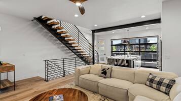 Smart TV, fireplace, foosball