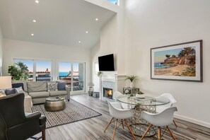 Smart TV, fireplace, books