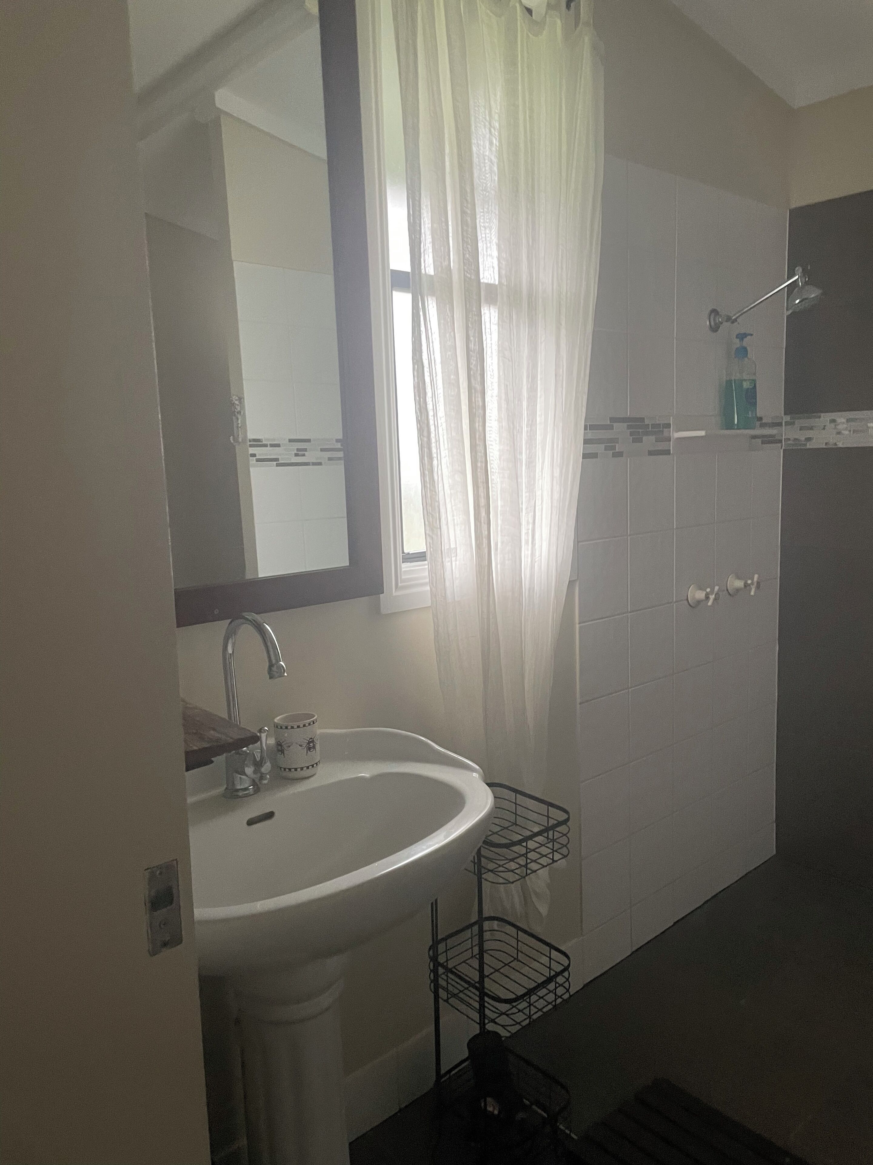 A bathroom with a sink, mirror, and shower.