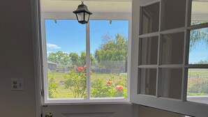 A white door with a window, a small outdoor garden visible through the window, and a wooden floor.