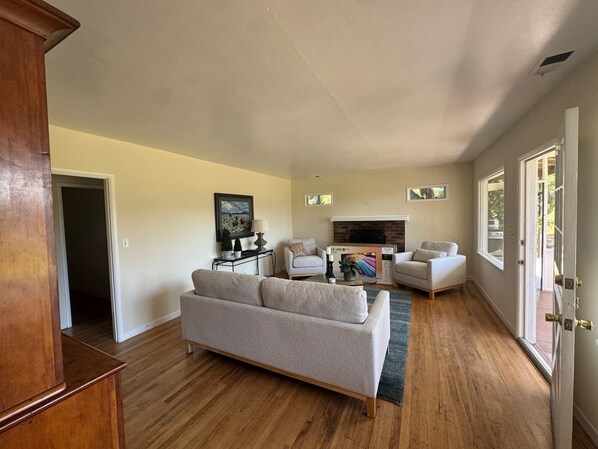 Smart TV, fireplace, books