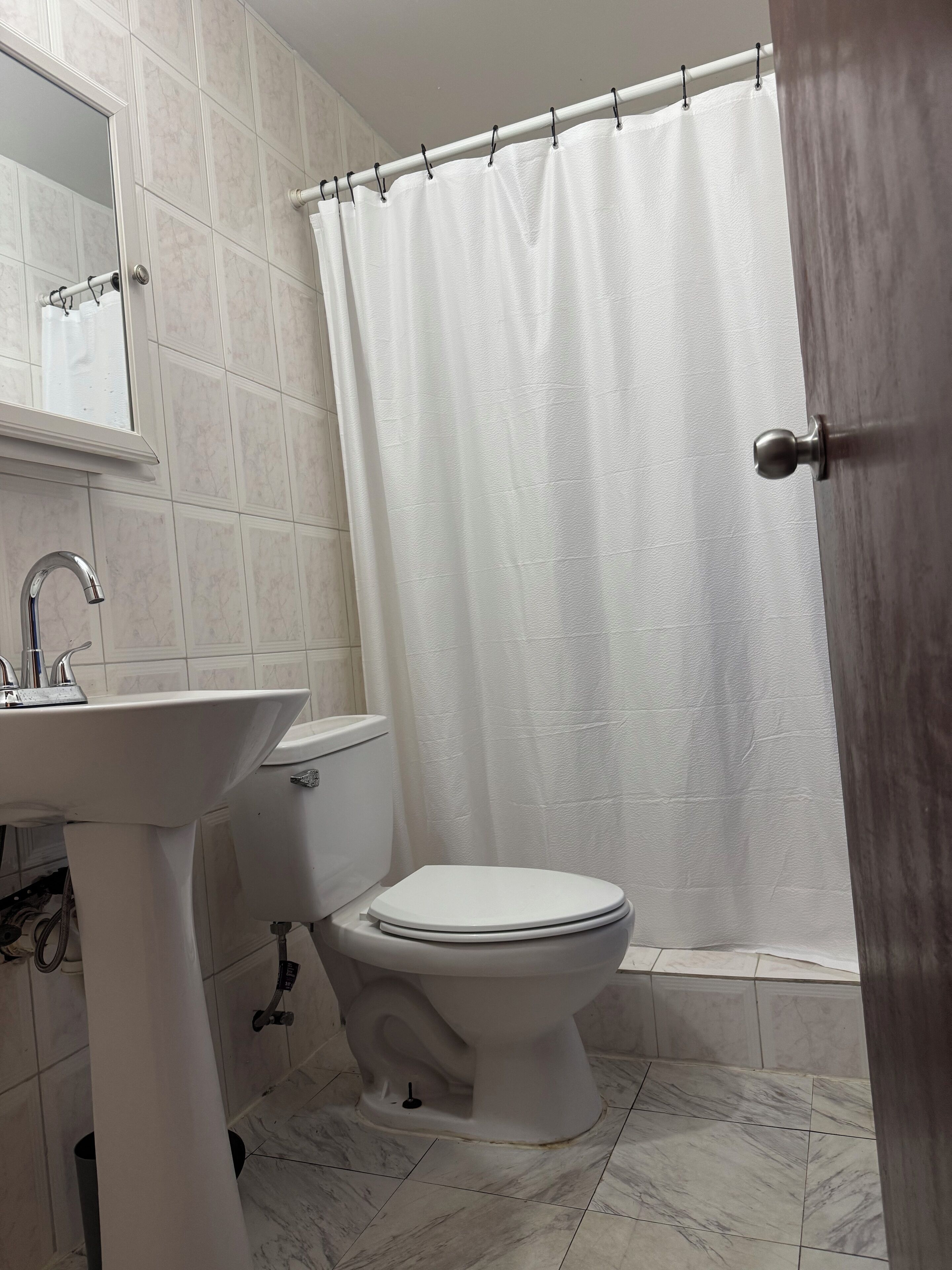 Ein Badezimmer mit weißem Waschbecken, WC und Duschvorhang.