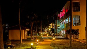 Vue nocturne d’une rue résidentielle bordée de maisons, avec un chemin piétonnier et un éclairage public.