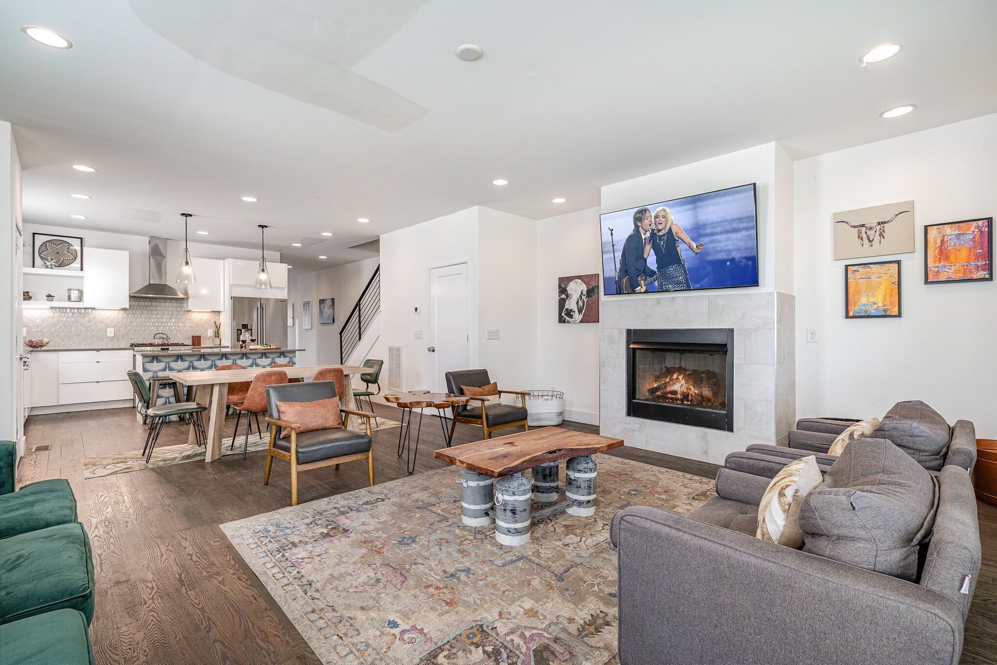 Smart TV, fireplace, books