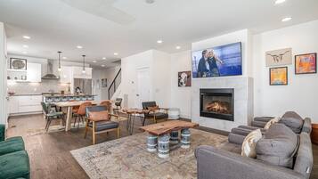 Smart TV, fireplace, books