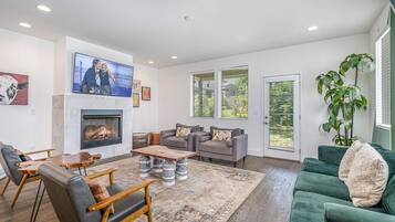 Smart TV, fireplace, books