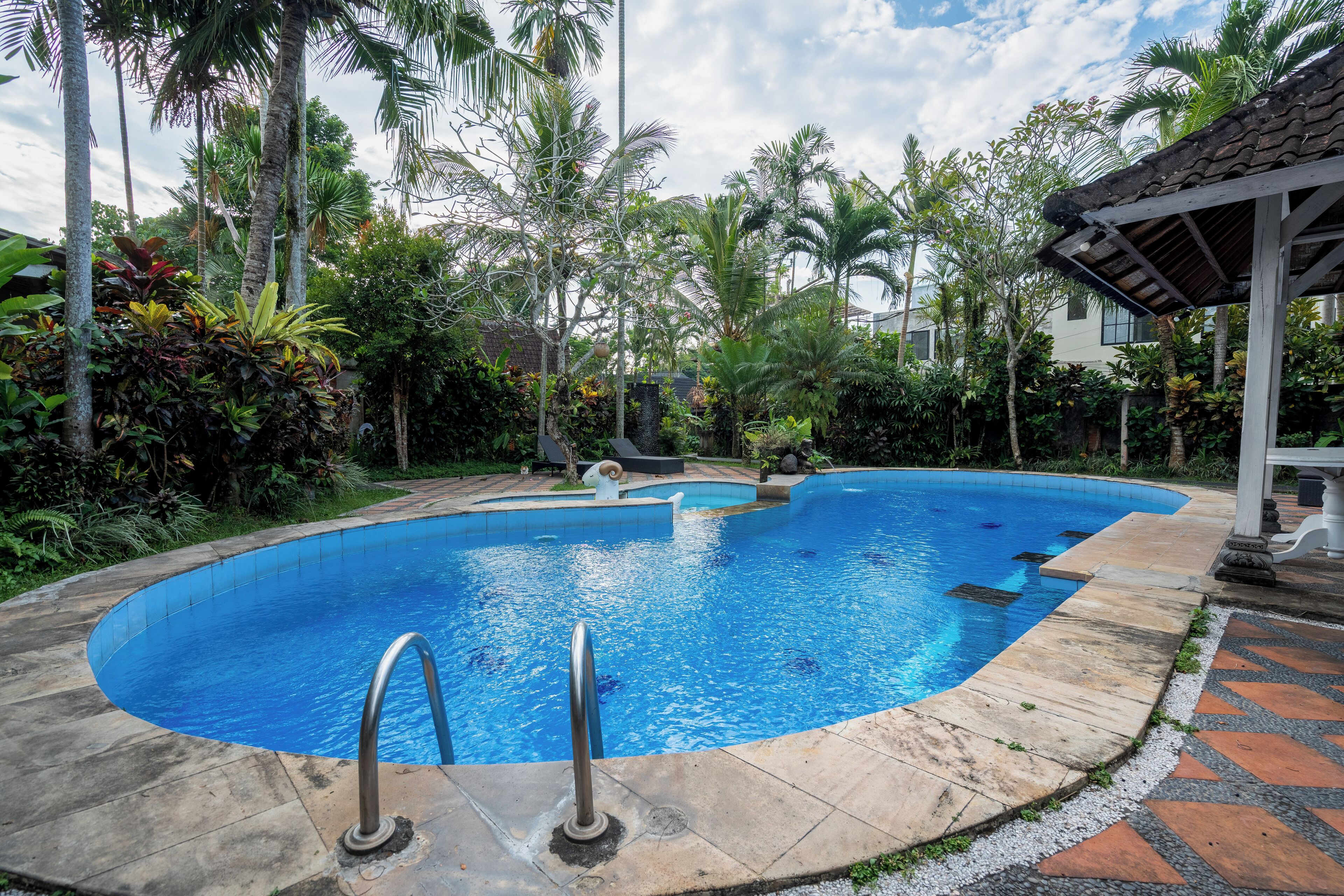 Una piscina con borde de azulejos, rodeada de abundante vegetación y palmeras.