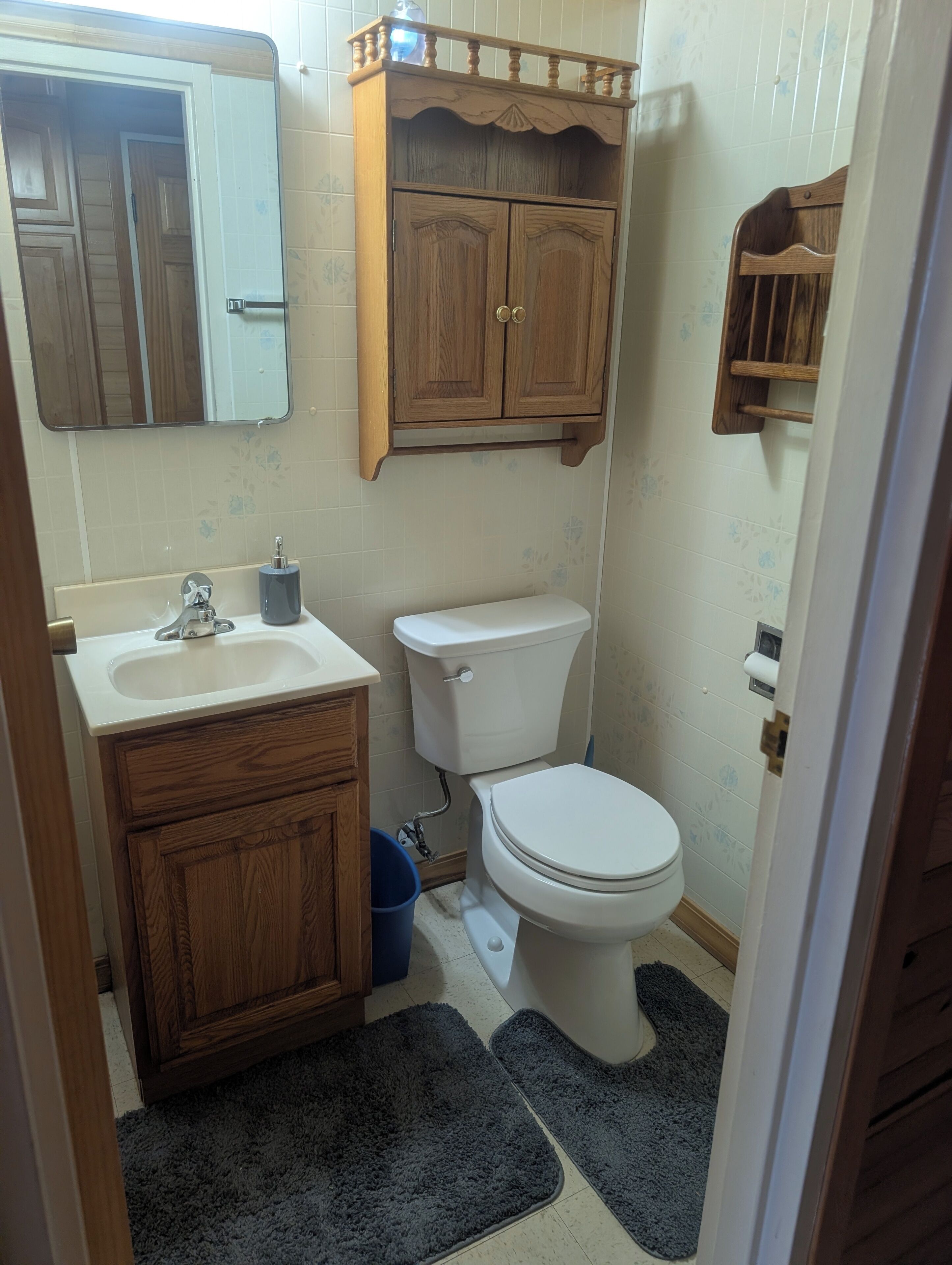 A bathroom with a sink, toilet, wooden cabinets, a mirror, and a shower area.