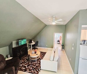 Una Smart TV, una chimenea, libros, una pantalla de ordenador