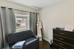 Smart TV, fireplace, books