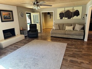 Smart TV, fireplace, DVD player