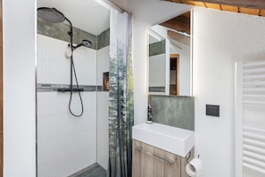 Une salle de bain moderne équipée d’une douche, d’un porte-rouleau de papier toilette et d’un miroir.