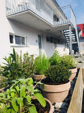 A modern building with a balcony, potted plants, and a staircase. - Apartment 'Südgarten' with Vineyard View, Private Terrace and Wi-Fi (Vogtsburg im Kaiserstuhl)