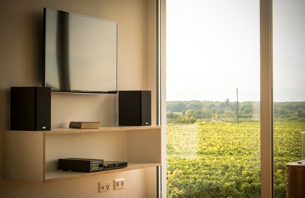 Een moderne kamer met een aan de muur bevestigde televisie, een plank met elektronische apparaten, en een groot raam met uitzicht op een groen landschap.
