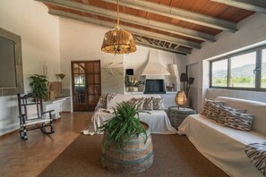 Un salon chaleureux avec une cheminée, une grande fenêtre et un décor rustique.