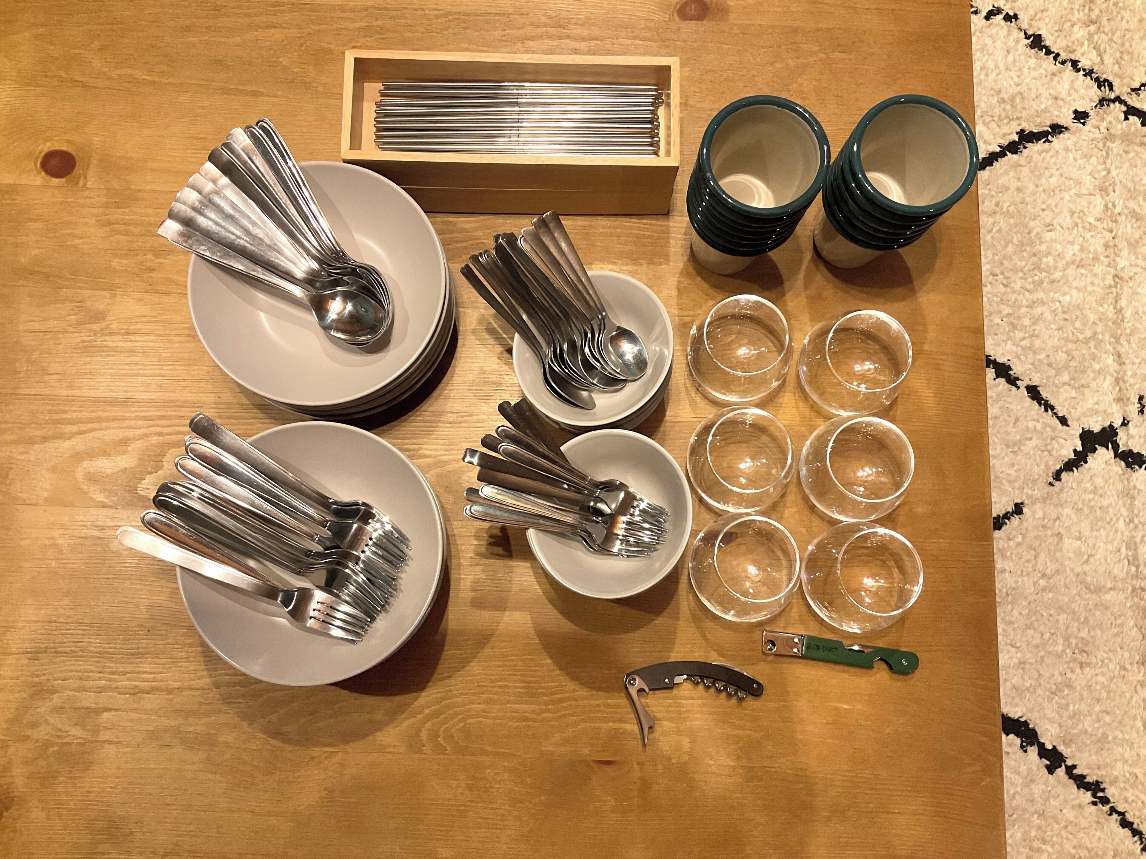 A neatly arranged table with plates, cutlery, and glasses, indicating a dining setup.