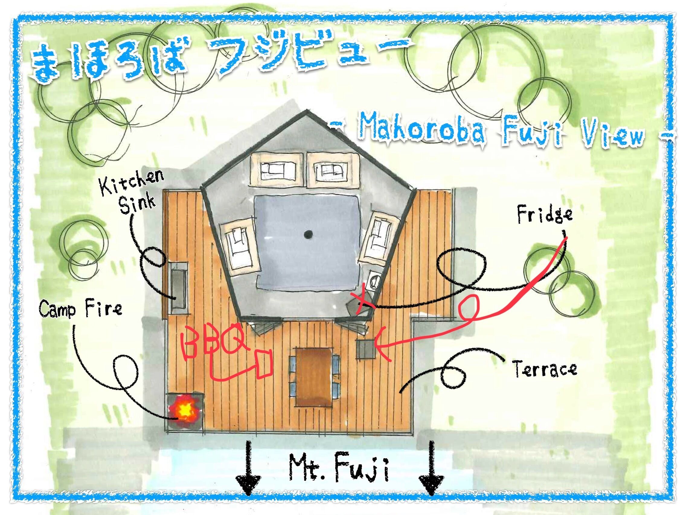 A floor plan of a cabin with labeled features including a kitchen sink, camp fire, BBQ area, terrace, and a view of Mt. Fuji.