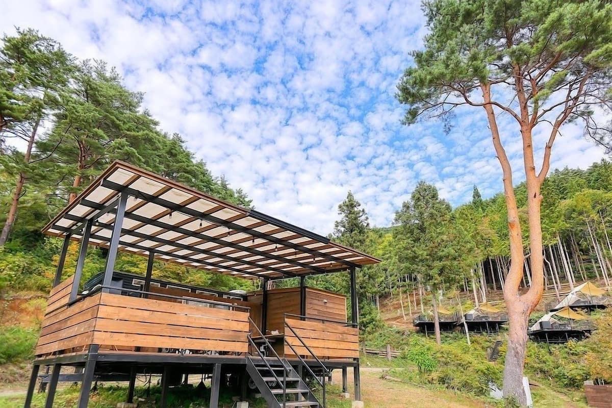 A wooden cabin with a metal roof, surrounded by trees and a clear sky.