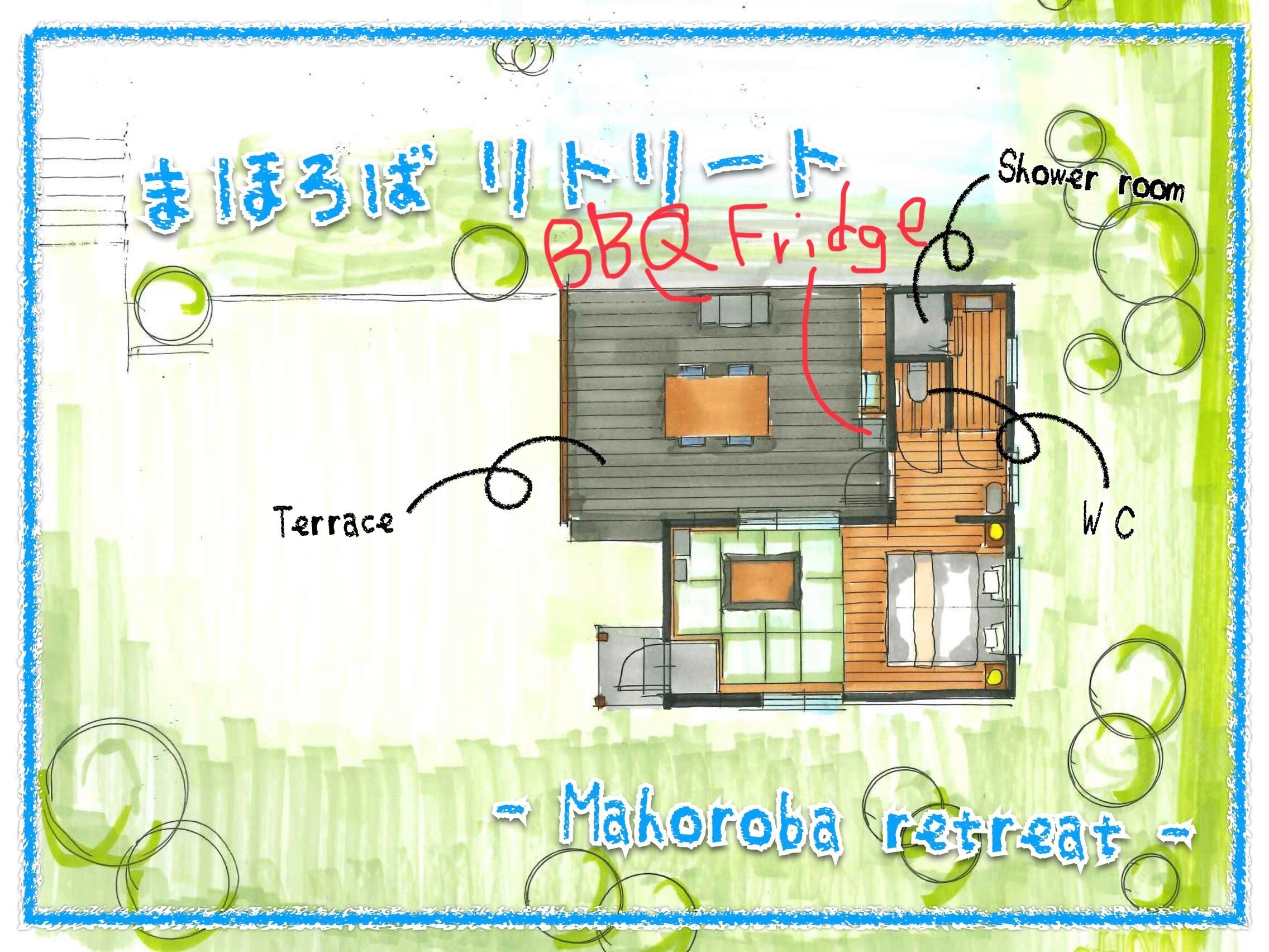 A floor plan of a retreat with labeled areas including a terrace, bathroom, WC, and shower room.