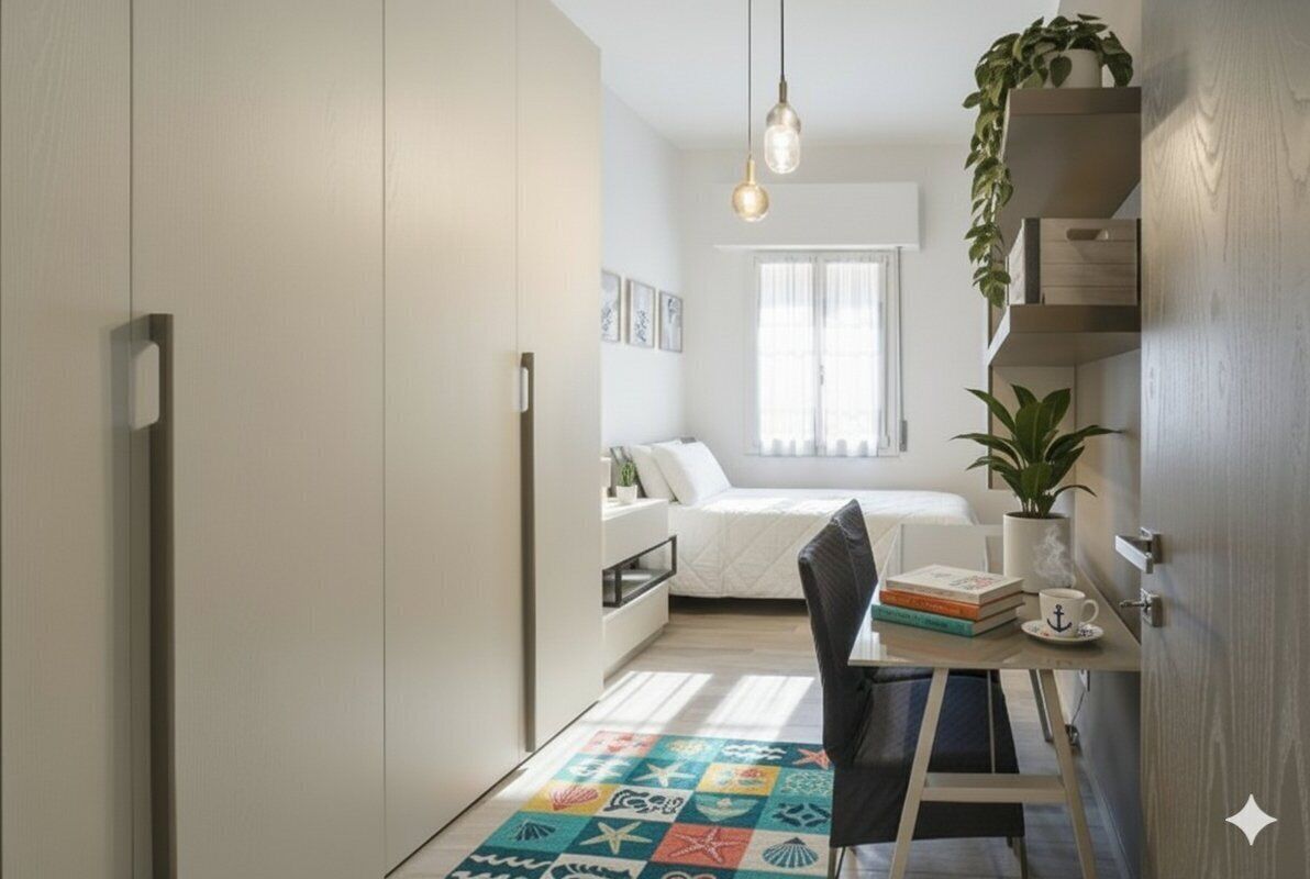 Un dormitorio pequeño con cama, mesita de noche y ventana.