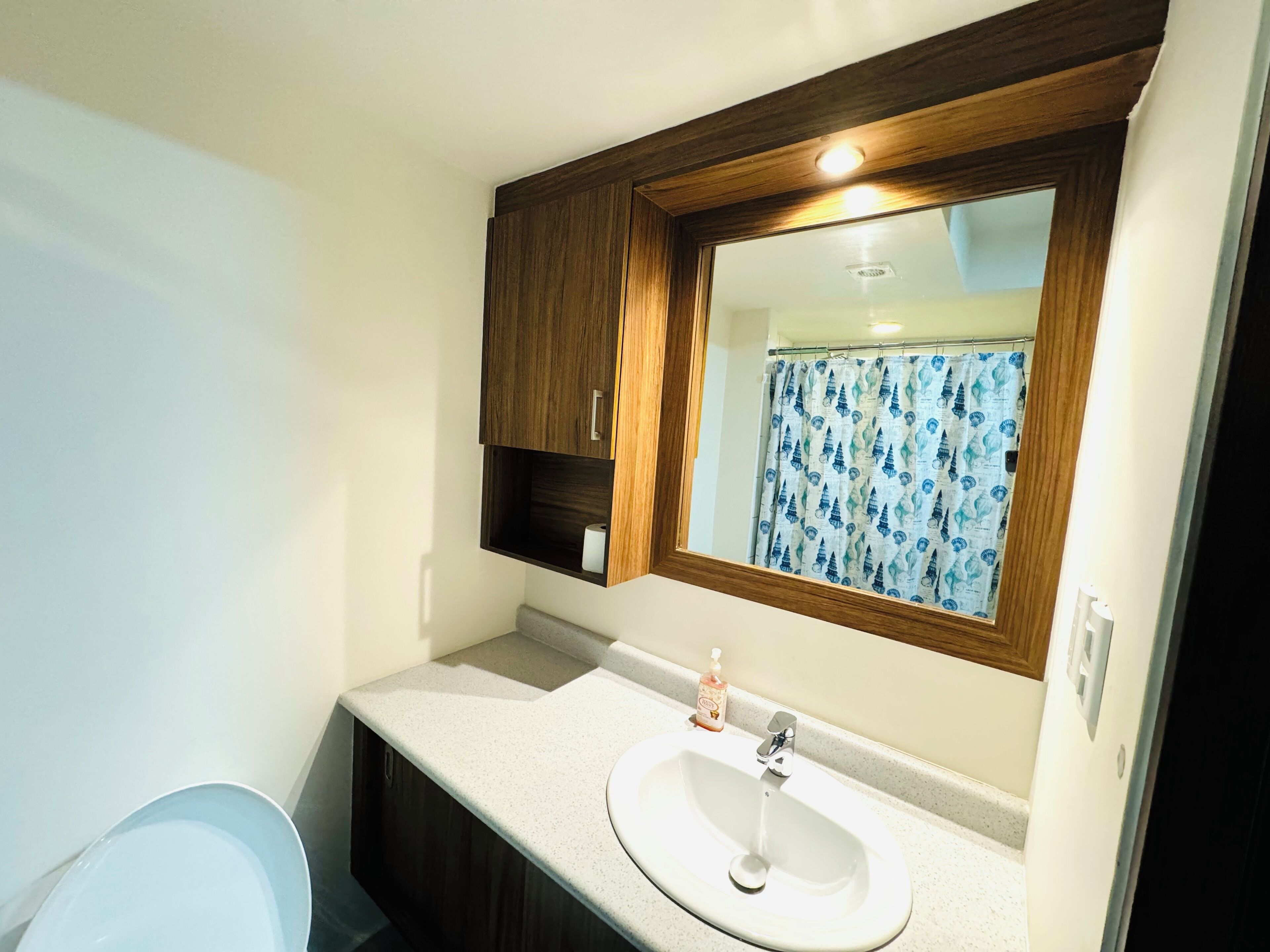 A bathroom with a white sink, a wooden vanity, a mirror, and a shower curtain with a blue pattern.