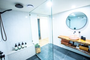 Ducha, cabezal de ducha tipo lluvia, secador de pelo, toallas